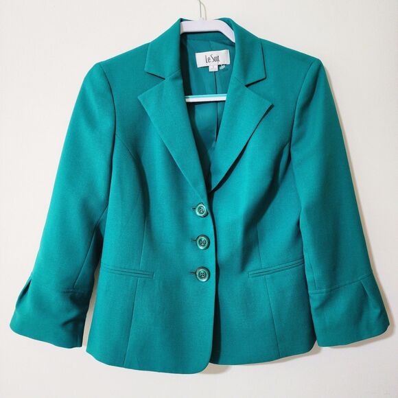 Le Suit Womens Single-Breasted Blazer Jacket 3/4 Sleeve Green Size 6 - Picture 2 of 12